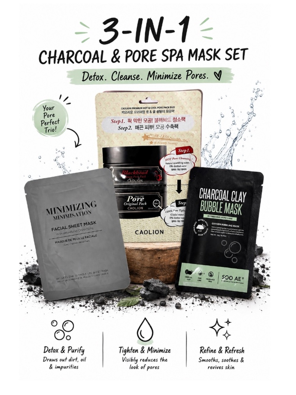 NEW - 3Pack Charcoal & Pore Spa Face Mask Set - Detox, Cleanse & Minimize Pores